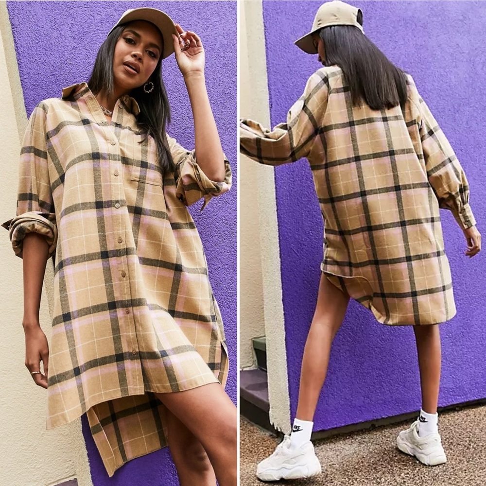 ASOS Design Oversized Boyfriend Mini Shirt Dress in Plaid Size 6
